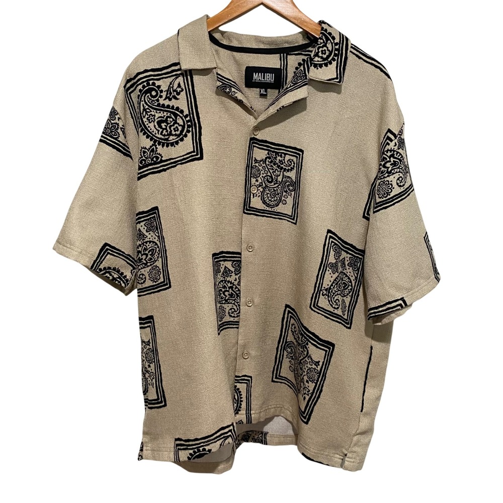 Malibu Drill‎ Clothing Co Men's XL Paisley Block Print Shirt and Shorts Set Tan